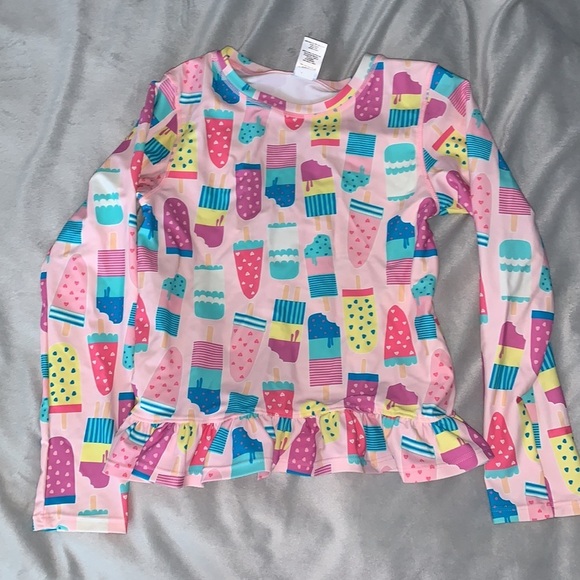 Ruffle butts Long Sleeve Ruffle Hem Rash Guard Shirt ice cream social pink 10 - Picture 2 of 5